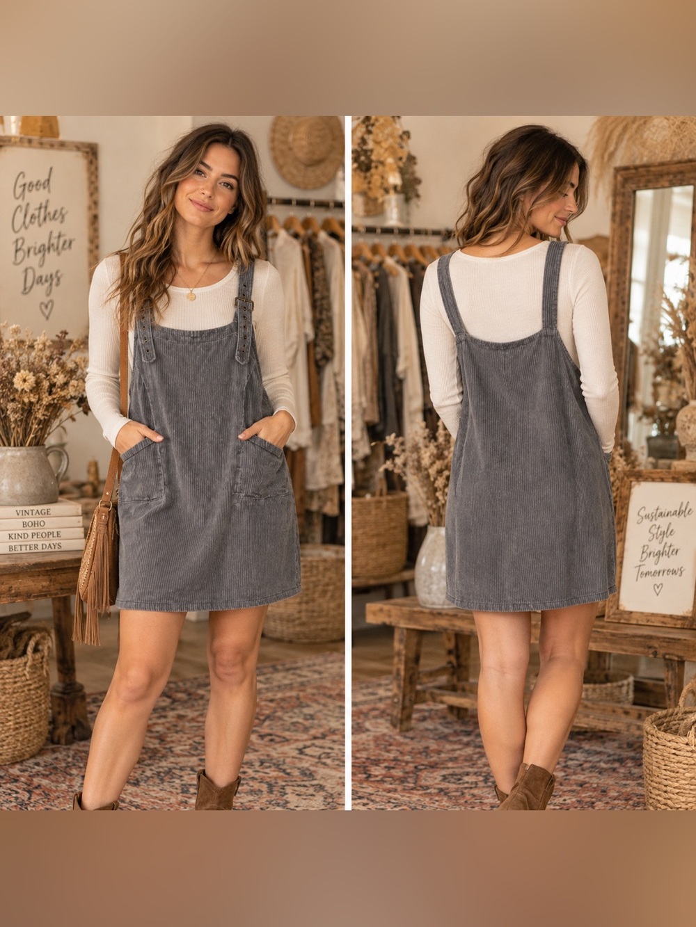 POL Washed Gray Corduroy Pinafore Mini Dress